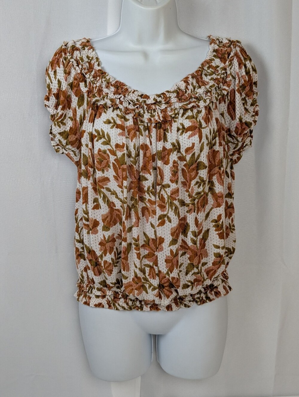 FP One Free People Suki White/Rust Floral Thin Gauze Smocked Off-Shoulder Top S